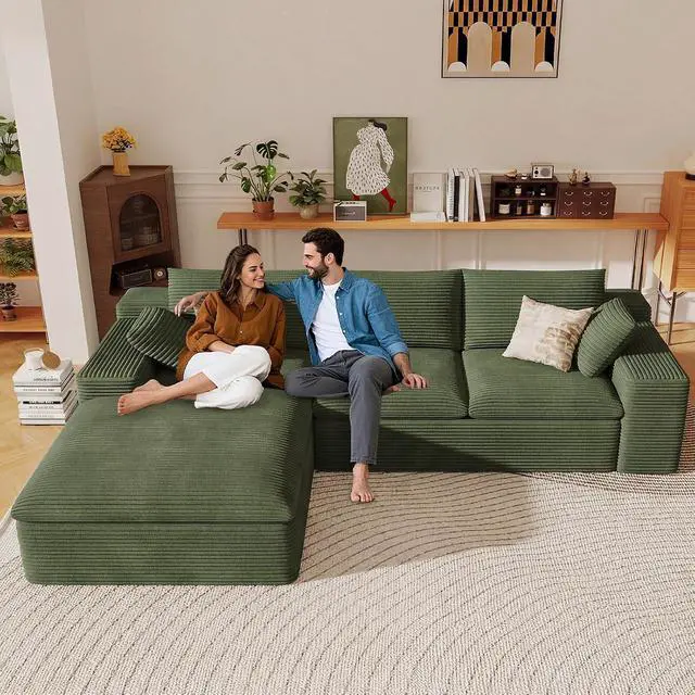 Alt view image 5 of 7 - 107" Cloud Sectional Couch with L-Shape Chaise, Modern Corduroy Viral Boneless Sofa for Living Room,Memory Foam Couches in a Box with Deep Seat,No Assembly Required (Green,Left-Facing Chaise)