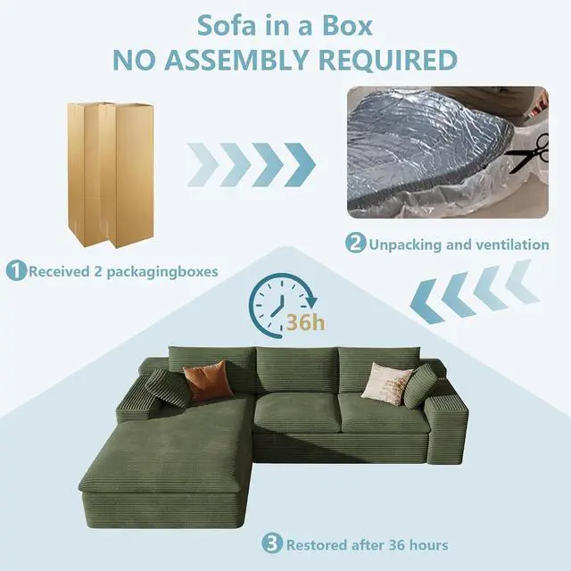 Alt view image 7 of 7 - 107" Cloud Sectional Couch with L-Shape Chaise, Modern Corduroy Viral Boneless Sofa for Living Room,Memory Foam Couches in a Box with Deep Seat,No Assembly Required (Green,Left-Facing Chaise)