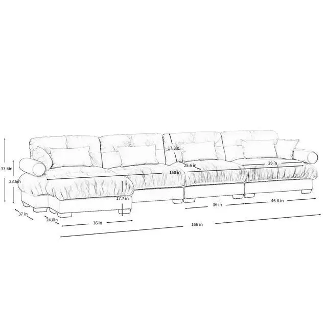 Alt view image 2 of 6 - 166" Modular Sectional Sofa with Ottoman,Oversized 4-Seater Couch with Waist & Throw Pillows,Comfy Velvet Deep Seat Upholstered Sofa for Living Room, Apartment,Office(Cream,4-Seater with Ottoman)