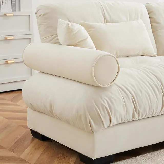 Alt view image 6 of 6 - 166"W Modular Sectional Sofa with 2 Ottomans, Oversized 4-Seater Couch with Waist & Throw Pillows,Comfy Velvet Deep Seat Upholstered Sofa for Living Room,Apartment(Cream,4-Seater with 2 Ottomans)