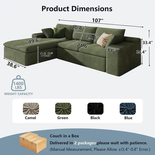 Alt view image 2 of 7 - 107" Cloud Sectional Couch with L-Shape Chaise, Modern Corduroy Viral Boneless Sofa for Living Room,Memory Foam Couches in a Box with Deep Seat,No Assembly Required (Green,Left-Facing Chaise)