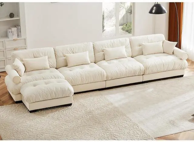 Main image of 166" Modular Sectional Sofa with Ottoman,Oversized 4-Seater Couch with Waist & Throw Pillows,Comfy Velvet Deep Seat Upholstered Sofa for Living Room, Apartment,Office(Cream,4-Seater with Ottoman)