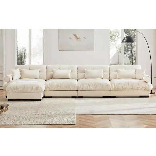 Alt view image 3 of 6 - 166" Modular Sectional Sofa with Ottoman,Oversized 4-Seater Couch with Waist & Throw Pillows,Comfy Velvet Deep Seat Upholstered Sofa for Living Room, Apartment,Office(Cream,4-Seater with Ottoman)