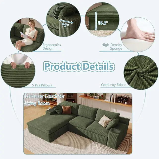 Alt view image 4 of 7 - 107" Cloud Sectional Couch with L-Shape Chaise, Modern Corduroy Viral Boneless Sofa for Living Room,Memory Foam Couches in a Box with Deep Seat,No Assembly Required (Green,Left-Facing Chaise)