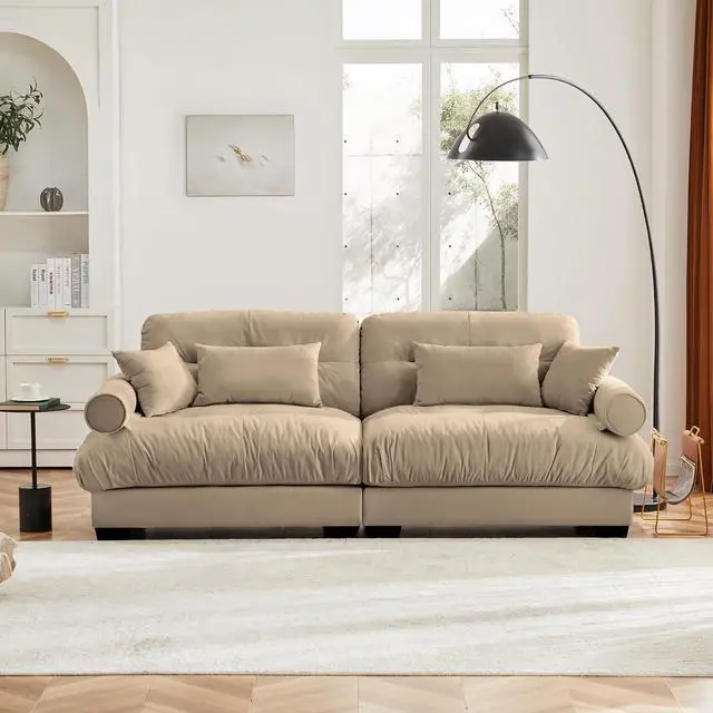 Alt view image 3 of 6 - 93.7" Oversized Loveseat Sofa, Modern Velvet 2-Seat Couch with Waist & Throw Pillows, Upholstered Deep Seat Cloud Couch for Living Room, Bedroom & Small Spaces (Camel,2 Seater)