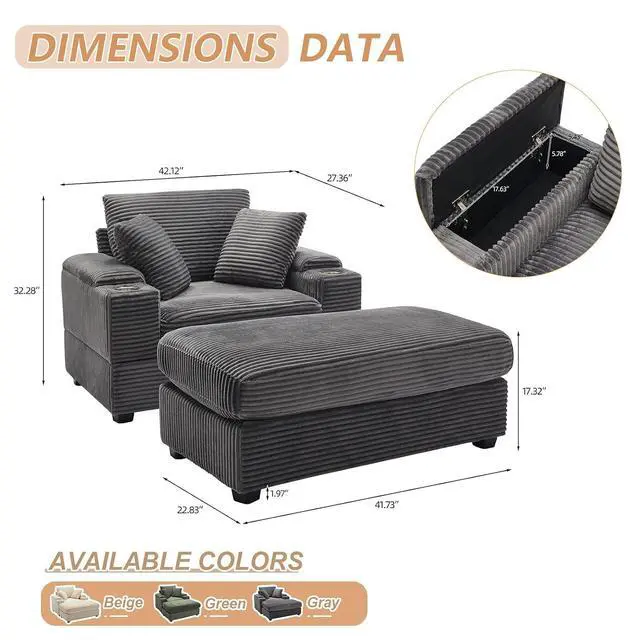 Alt view image 2 of 7 - 42.12" Oversized Chair with Ottoman,Chaise Lounge Chair Indoor with Ottoman & Storage,Comfy Corduroy Reading Chairs with Cup Holder for Bedroom & Living Room (Grey)