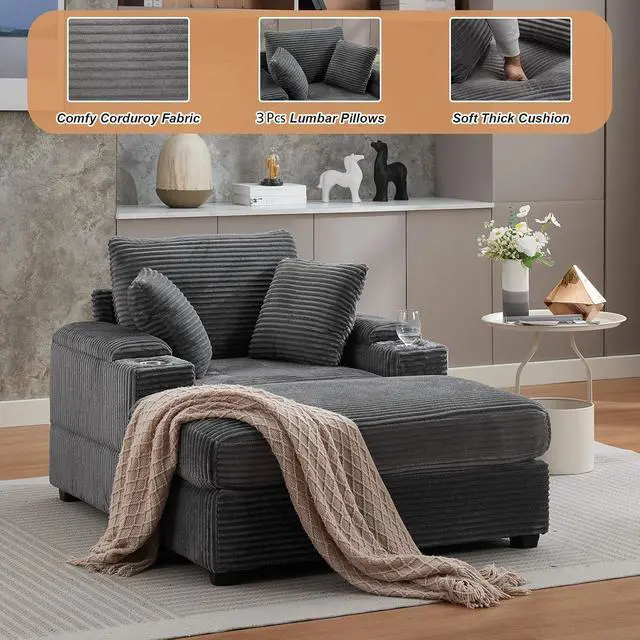 Alt view image 3 of 7 - 42.12" Oversized Chair with Ottoman,Chaise Lounge Chair Indoor with Ottoman & Storage,Comfy Corduroy Reading Chairs with Cup Holder for Bedroom & Living Room (Grey)