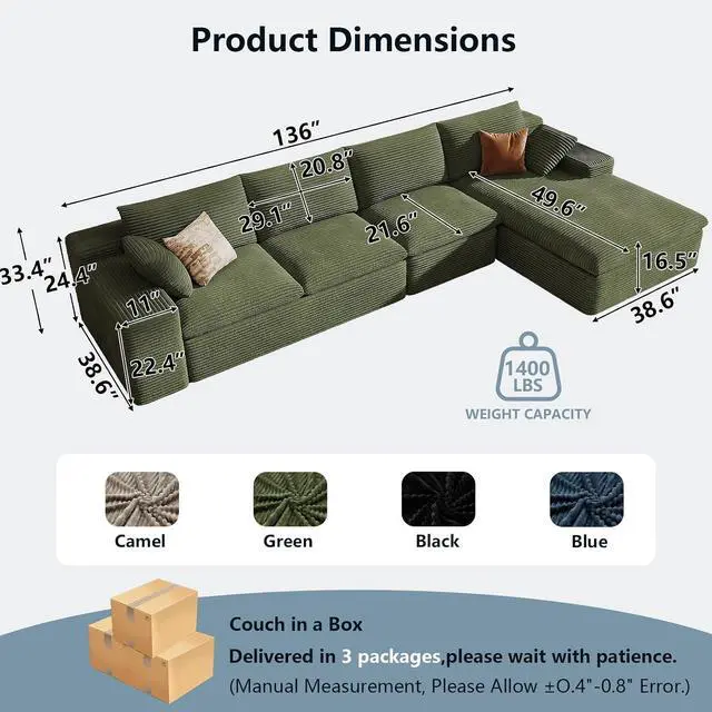 Alt view image 2 of 7 - 136" Cloud Sectional Couch with L-Shape Chaise, Modern Corduroy Viral Boneless Sofa for Living Room,Memory Foam Couches in a Box with Deep Seat,No Assembly Required (Green,Right-Facing Chaise)