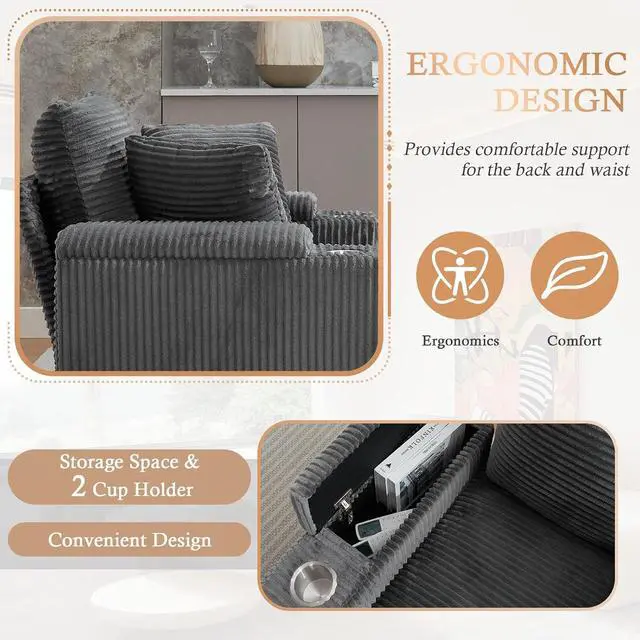 Alt view image 5 of 7 - 42.12" Oversized Chair with Ottoman,Chaise Lounge Chair Indoor with Ottoman & Storage,Comfy Corduroy Reading Chairs with Cup Holder for Bedroom & Living Room (Grey)