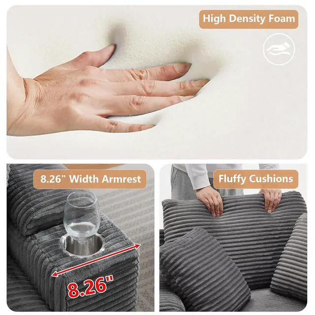 Alt view image 4 of 7 - 42.12" Oversized Chair with Ottoman,Chaise Lounge Chair Indoor with Ottoman & Storage,Comfy Corduroy Reading Chairs with Cup Holder for Bedroom & Living Room (Grey)