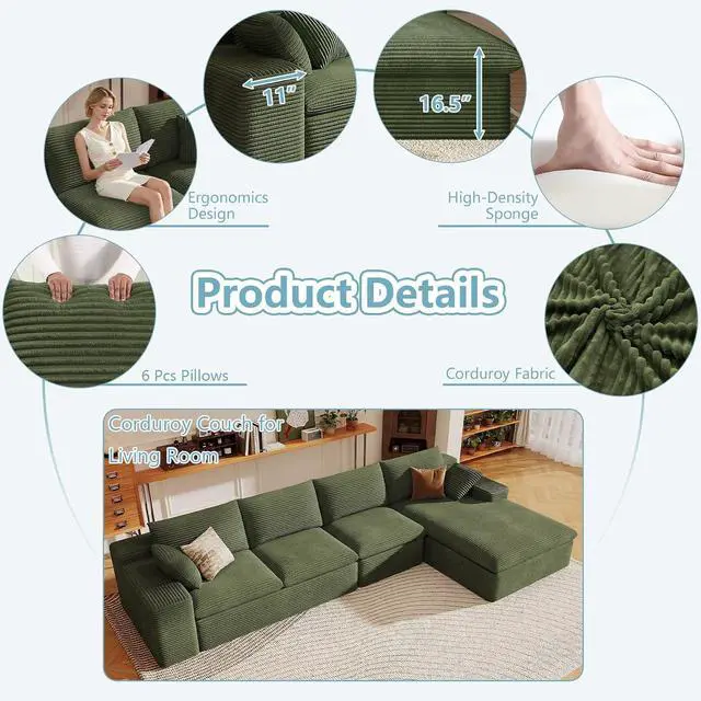 Alt view image 4 of 7 - 136" Cloud Sectional Couch with L-Shape Chaise, Modern Corduroy Viral Boneless Sofa for Living Room,Memory Foam Couches in a Box with Deep Seat,No Assembly Required (Green,Right-Facing Chaise)