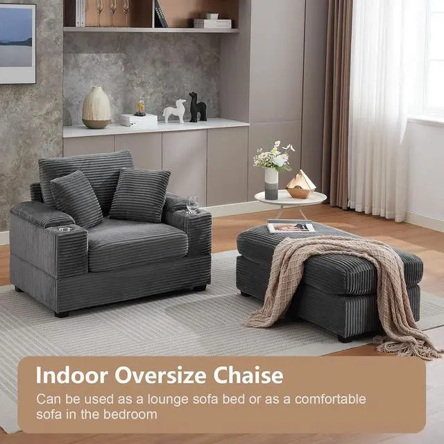Alt view image 7 of 7 - 42.12" Oversized Chair with Ottoman,Chaise Lounge Chair Indoor with Ottoman & Storage,Comfy Corduroy Reading Chairs with Cup Holder for Bedroom & Living Room (Grey)