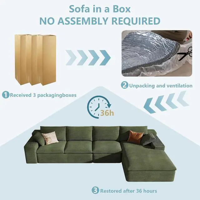 Alt view image 7 of 7 - 136" Cloud Sectional Couch with L-Shape Chaise, Modern Corduroy Viral Boneless Sofa for Living Room,Memory Foam Couches in a Box with Deep Seat,No Assembly Required (Green,Right-Facing Chaise)