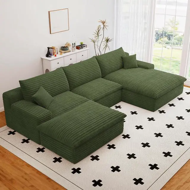 Main image of 107" Cloud Sectional Couch with U-Shaped Chaise,Corduroy Viral Boneless Sofa with Ottoman,Memory Foam Couches in a Box with Deep Seat for Living Room,No Assembly Required (Green,Right-Facing Chaise)