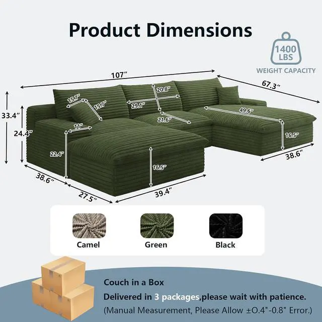 Alt view image 2 of 7 - 107" Cloud Sectional Couch with U-Shaped Chaise,Corduroy Viral Boneless Sofa with Ottoman,Memory Foam Couches in a Box with Deep Seat for Living Room,No Assembly Required (Green,Right-Facing Chaise)