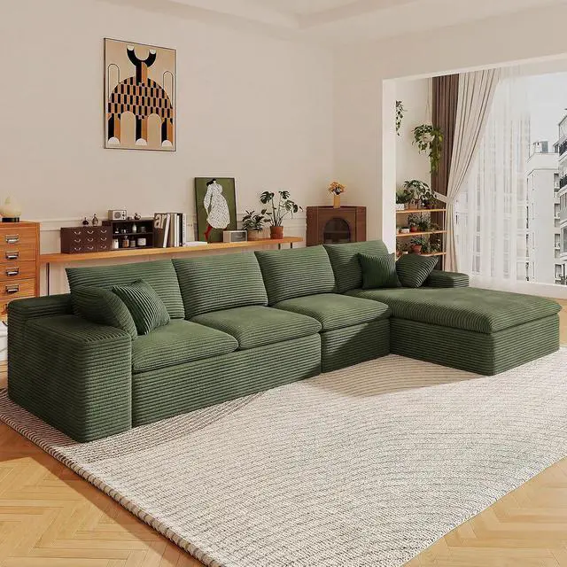 Alt view image 5 of 7 - 136" Cloud Sectional Couch with L-Shape Chaise, Modern Corduroy Viral Boneless Sofa for Living Room,Memory Foam Couches in a Box with Deep Seat,No Assembly Required (Green,Right-Facing Chaise)