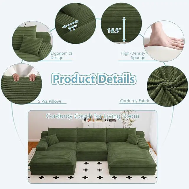Alt view image 3 of 7 - 107" Cloud Sectional Couch with U-Shaped Chaise,Corduroy Viral Boneless Sofa with Ottoman,Memory Foam Couches in a Box with Deep Seat for Living Room,No Assembly Required (Green,Right-Facing Chaise)