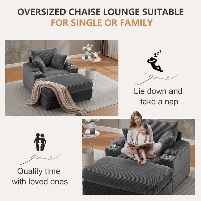 Alt view image 6 of 7 - 42.12" Oversized Chair with Ottoman,Chaise Lounge Chair Indoor with Ottoman & Storage,Comfy Corduroy Reading Chairs with Cup Holder for Bedroom & Living Room (Grey)