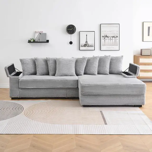Alt view image 3 of 7 - 111" W Modular Sectional Sofa with 8 Pillows, Comfy Corduroy Cloud Couch with Cup Holders & Storage, L-Shaped Modern 4-Seater Sofa for Living Room or Apartment(Grey, Reversible Chaise)