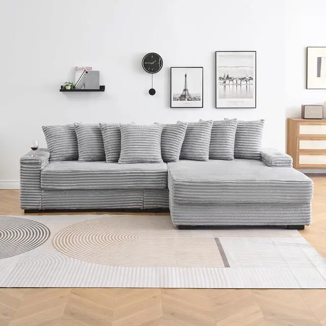 Alt view image 6 of 7 - 111" W Modular Sectional Sofa with 8 Pillows, Comfy Corduroy Cloud Couch with Cup Holders & Storage, L-Shaped Modern 4-Seater Sofa for Living Room or Apartment(Grey, Reversible Chaise)