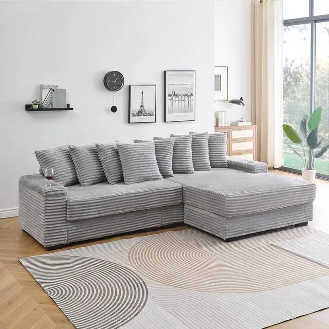 Alt view image 7 of 7 - 111" W Modular Sectional Sofa with 8 Pillows, Comfy Corduroy Cloud Couch with Cup Holders & Storage, L-Shaped Modern 4-Seater Sofa for Living Room or Apartment(Grey, Reversible Chaise)