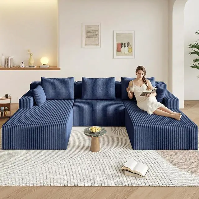 Alt view image 6 of 7 - 107" W Cloud Sectional Couch,Modern U-Shaped Cloud Couch with Deep Seat,Comfy Corduroy 3-Seater Sofa,Memory Foam Sofa for Living Room,No Assembly (Blue)