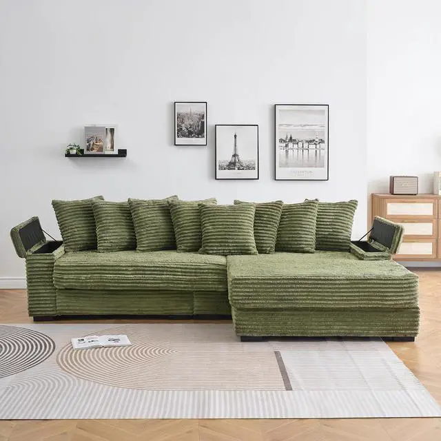 Alt view image 3 of 7 - 111" W Modular Sectional Sofa with 8 Pillows, Comfy Corduroy Cloud Couch with Cup Holders & Storage, L-Shaped Modern 4-Seater Sofa for Living Room or Apartment(Green, Reversible Chaise)