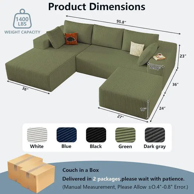 Alt view image 2 of 7 - 96" W Cloud Sectional Couch with Ottoman,Modern U-Shaped Cloud Couch with Deep Seat,Comfy Corduroy 3-Seater Sofa,Memory Foam Sofa for Living Room,No Assembly (Green,Left-Facing Chaise)