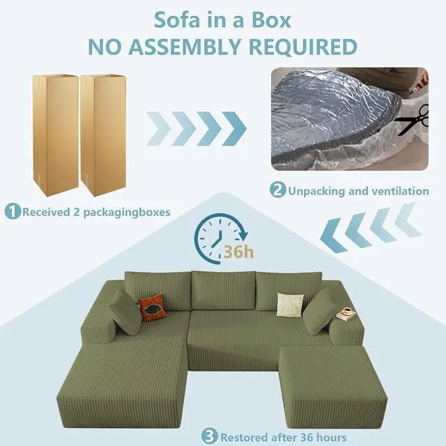 Alt view image 6 of 7 - 96" W Cloud Sectional Couch with Ottoman,Modern U-Shaped Cloud Couch with Deep Seat,Comfy Corduroy 3-Seater Sofa,Memory Foam Sofa for Living Room,No Assembly (Green,Left-Facing Chaise)