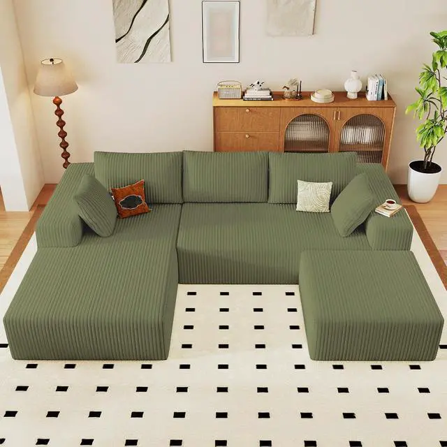 Alt view image 3 of 7 - 96" W Cloud Sectional Couch with Ottoman,Modern U-Shaped Cloud Couch with Deep Seat,Comfy Corduroy 3-Seater Sofa,Memory Foam Sofa for Living Room,No Assembly (Green,Left-Facing Chaise)
