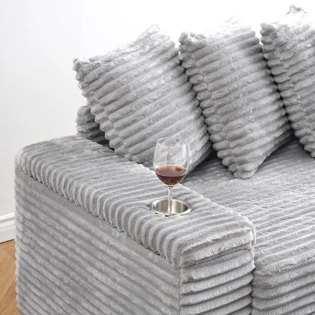 Alt view image 5 of 7 - 111" W Modular Sectional Sofa with 8 Pillows, Comfy Corduroy Cloud Couch with Cup Holders & Storage, L-Shaped Modern 4-Seater Sofa for Living Room or Apartment(Grey, Reversible Chaise)