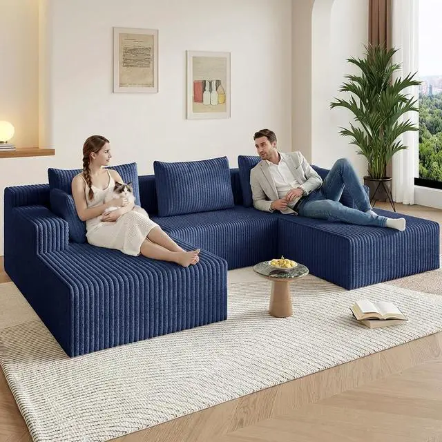 Alt view image 4 of 7 - 107" W Cloud Sectional Couch,Modern U-Shaped Cloud Couch with Deep Seat,Comfy Corduroy 3-Seater Sofa,Memory Foam Sofa for Living Room,No Assembly (Blue)