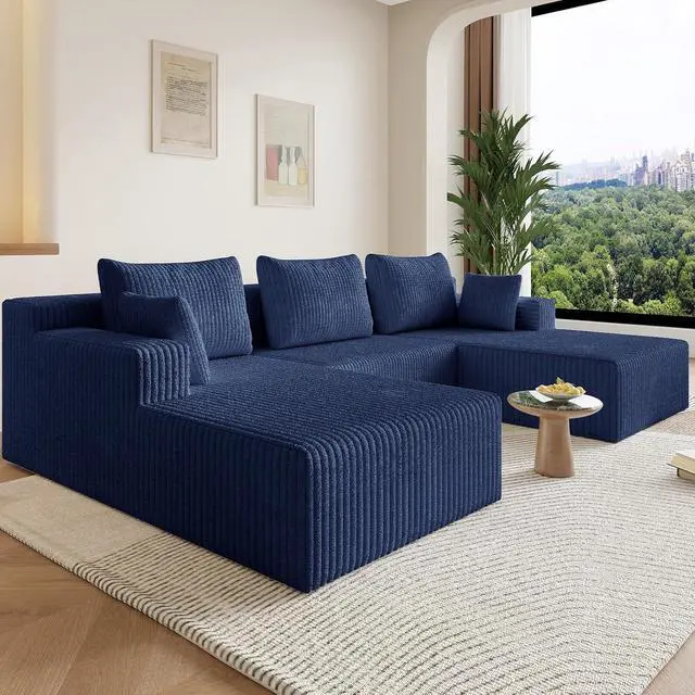Alt view image 7 of 7 - 107" W Cloud Sectional Couch,Modern U-Shaped Cloud Couch with Deep Seat,Comfy Corduroy 3-Seater Sofa,Memory Foam Sofa for Living Room,No Assembly (Blue)