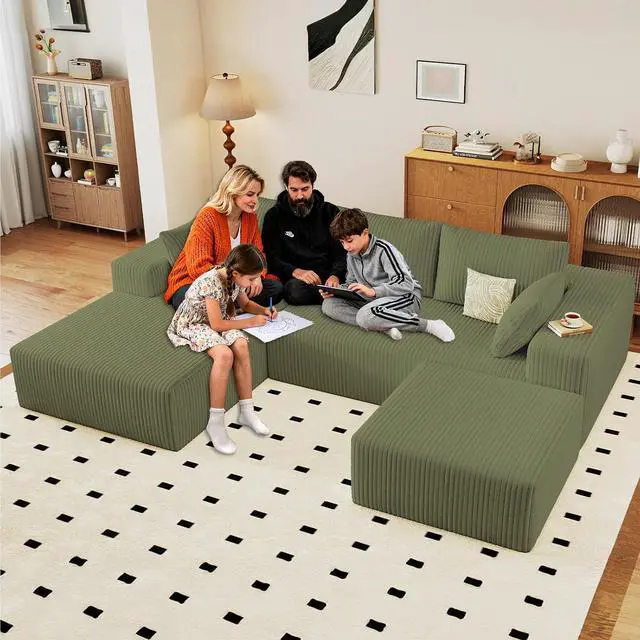 Main image of 96" W Cloud Sectional Couch with Ottoman,Modern U-Shaped Cloud Couch with Deep Seat,Comfy Corduroy 3-Seater Sofa,Memory Foam Sofa for Living Room,No Assembly (Green,Left-Facing Chaise)