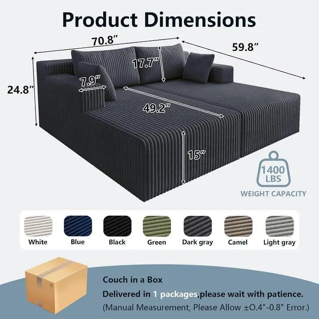 Alt view image 2 of 7 - 71" Oversized Chaise Lounge Chair,Sectional Double Lounge Chaise with Pillows,Upholstered Corduroy Boneless Lounge Chair,Fluffy Modern Loveseat Sleeper Sofa for Living Room Bedroom(Dark Grey)