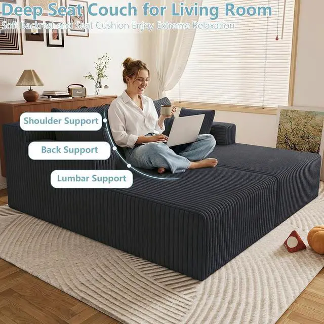 Alt view image 6 of 7 - 71" Oversized Chaise Lounge Chair,Sectional Double Lounge Chaise with Pillows,Upholstered Corduroy Boneless Lounge Chair,Fluffy Modern Loveseat Sleeper Sofa for Living Room Bedroom(Dark Grey)