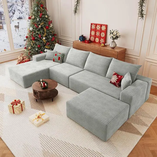 Main image of 136" U Shaped Cloud Sectional Couch with Fluffy Corduroy, Deep Memory Foam Seats Sofa with 1 Ottoman for Living Room, No Assembly Required(Grey,Left-Facing Chaise)