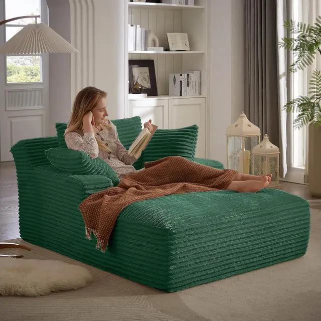 Main image of 49.2"Oversized Chaise Lounge Chair Indoor,Corduroy Boneless Reading Chair with 3 Pillows,Deep Seat Cloud Sofa Bed,Comfy Modern Sleeper Chairs in Box for Living Room Bedroom,No Assembly(Green)