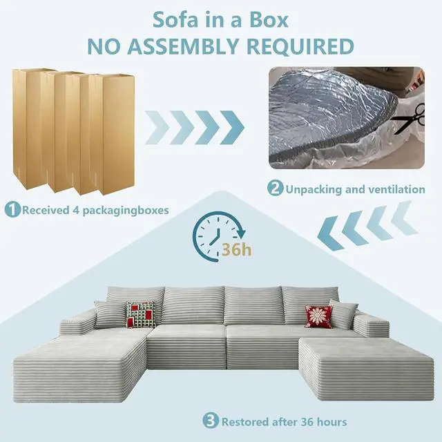 Alt view image 7 of 7 - 136" U Shaped Cloud Sectional Couch with Fluffy Corduroy, Deep Memory Foam Seats Sofa with 1 Ottoman for Living Room, No Assembly Required(Grey,Left-Facing Chaise)