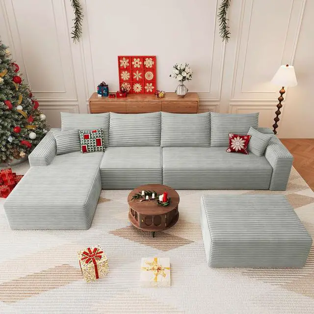 Alt view image 5 of 7 - 136" U Shaped Cloud Sectional Couch with Fluffy Corduroy, Deep Memory Foam Seats Sofa with 1 Ottoman for Living Room, No Assembly Required(Grey,Left-Facing Chaise)