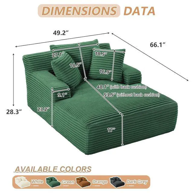 Alt view image 2 of 6 - 49.2"Oversized Chaise Lounge Chair Indoor,Corduroy Boneless Reading Chair with 3 Pillows,Deep Seat Cloud Sofa Bed,Comfy Modern Sleeper Chairs in Box for Living Room Bedroom,No Assembly(Green)