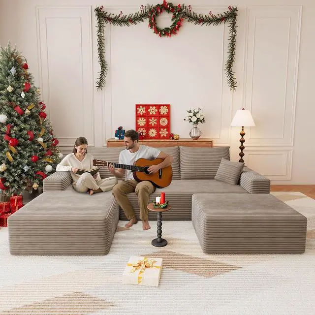 Alt view image 3 of 7 - 107" U Shaped Cloud Sectional Couch with Fluffy Corduroy, Deep Memory Foam Seats Sofa with 1 Ottoman for Living Room, No Assembly Required(Camel,Left-Facing Chaise)