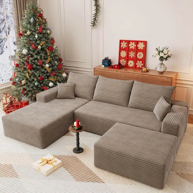 Main image of 107" U Shaped Cloud Sectional Couch with Fluffy Corduroy, Deep Memory Foam Seats Sofa with 1 Ottoman for Living Room, No Assembly Required(Camel,Left-Facing Chaise)
