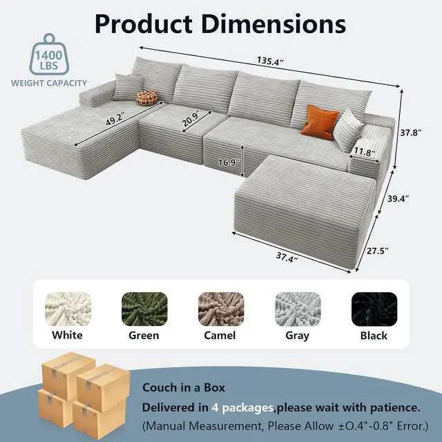 Alt view image 2 of 7 - 136" U Shaped Cloud Sectional Couch with Fluffy Corduroy, Deep Memory Foam Seats Sofa with 1 Ottoman for Living Room, No Assembly Required(Grey,Left-Facing Chaise)