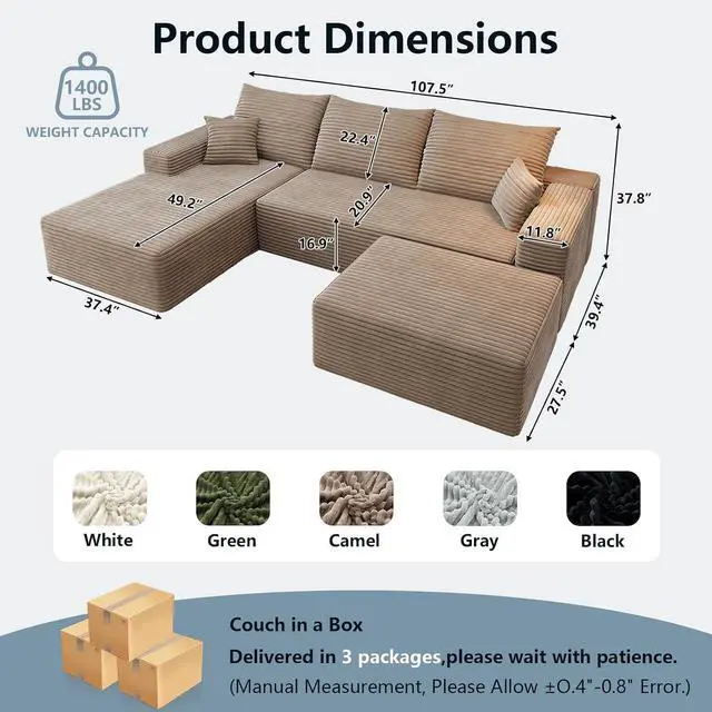 Alt view image 2 of 7 - 107" U Shaped Cloud Sectional Couch with Fluffy Corduroy, Deep Memory Foam Seats Sofa with 1 Ottoman for Living Room, No Assembly Required(Camel,Left-Facing Chaise)