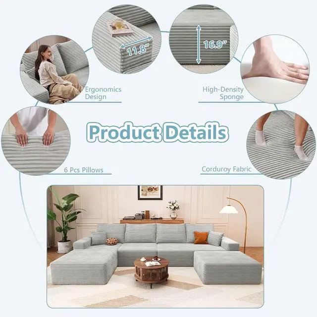 Alt view image 4 of 7 - 136" U Shaped Cloud Sectional Couch with Fluffy Corduroy, Deep Memory Foam Seats Sofa with 1 Ottoman for Living Room, No Assembly Required(Grey,Left-Facing Chaise)
