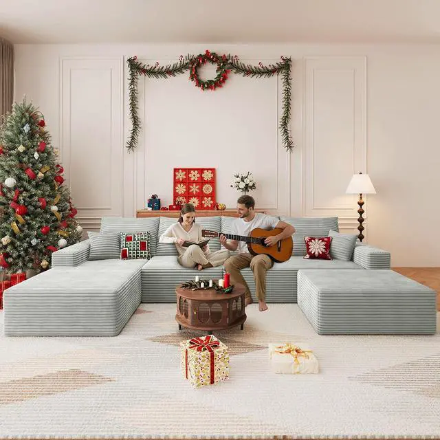 Alt view image 3 of 7 - 136" U Shaped Cloud Sectional Couch with Fluffy Corduroy, Deep Memory Foam Seats Sofa with 1 Ottoman for Living Room, No Assembly Required(Grey,Left-Facing Chaise)