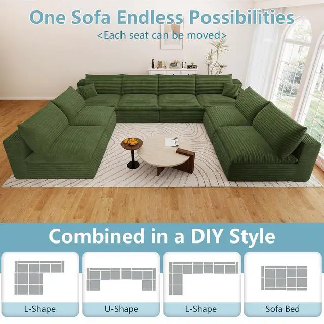 Alt view image 5 of 7 - 136" Oversized Cloud Sectional Couch with U-Shaped Chaise,8-Seater Corduroy Viral Boneless Sofa,Memory Foam Couches in a Box with Deep Seat for Living Room,No Assembly Required, Green