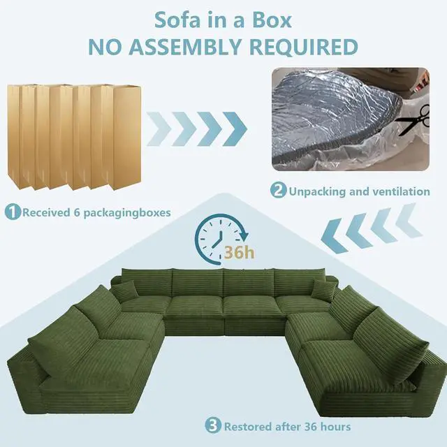 Alt view image 6 of 7 - 136" Oversized Cloud Sectional Couch with U-Shaped Chaise,8-Seater Corduroy Viral Boneless Sofa,Memory Foam Couches in a Box with Deep Seat for Living Room,No Assembly Required, Green