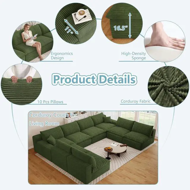 Alt view image 4 of 7 - 136" Oversized Cloud Sectional Couch with U-Shaped Chaise,8-Seater Corduroy Viral Boneless Sofa,Memory Foam Couches in a Box with Deep Seat for Living Room,No Assembly Required, Green